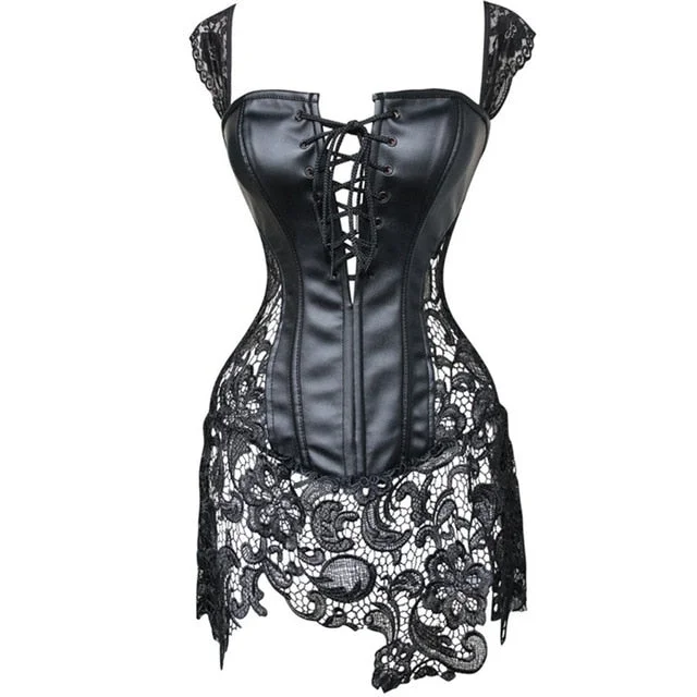 free shipping Steampunk Gothic Clothing Women Black Faux Leather Burlesque Plus Size Waist trainer Corset Dress Corpete Corselet