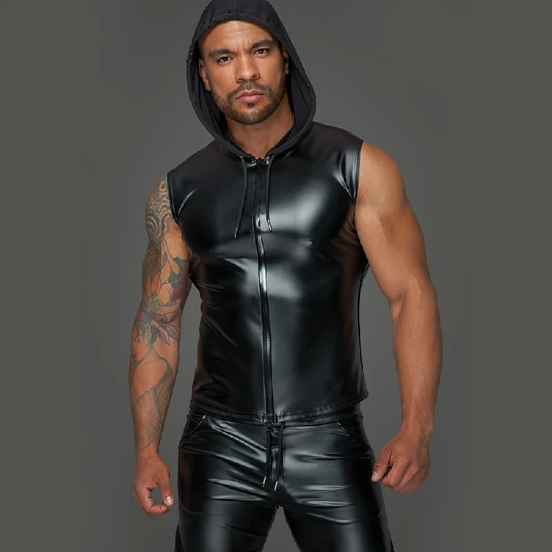 Noir Handmade Powerwetlook Sleeveless Hoodie With 2-Way Zipper