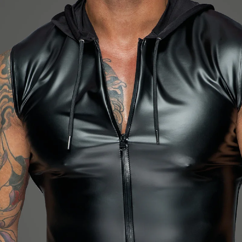 Noir Handmade Powerwetlook Sleeveless Hoodie With 2-Way Zipper