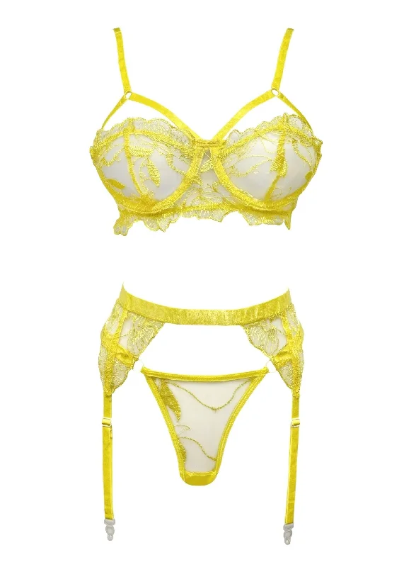 Julie Yellow Bra, Thong and Suspender Set