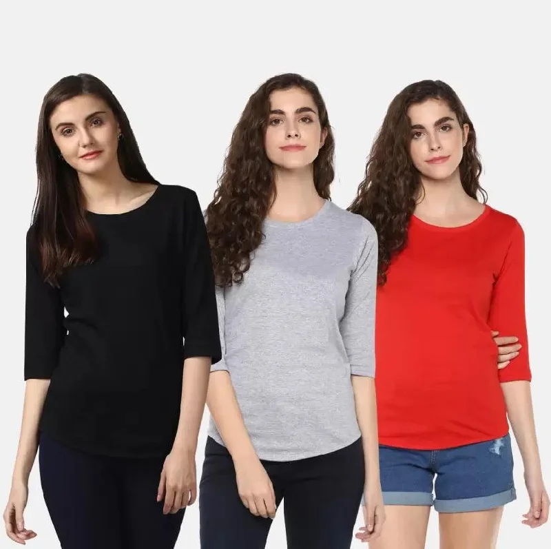 Pack of 3 Women Self Design, Solid Round Neck (BLACK,GREY,RED)