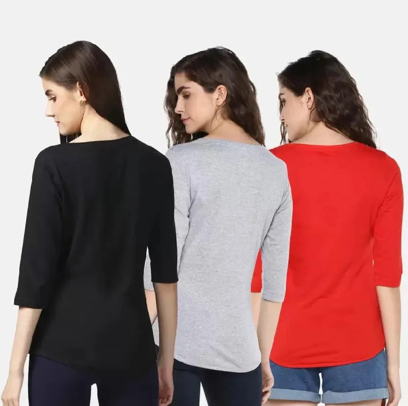 Pack of 3 Women Self Design, Solid Round Neck (BLACK,GREY,RED)