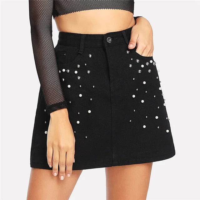 Faux Pearl Denim Casual Short Women Skirt