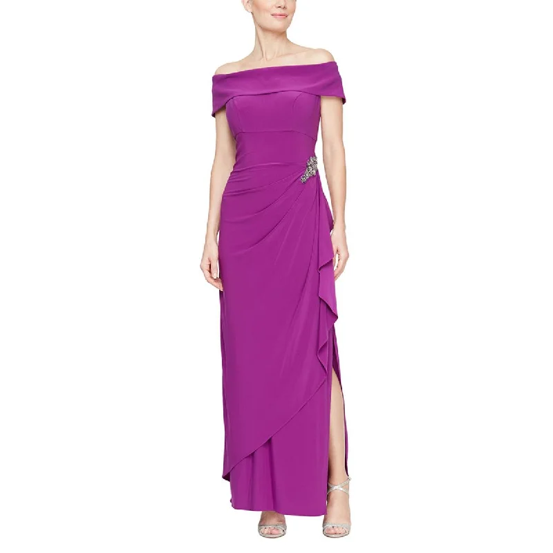 Alex Evenings Womens Off-The-Shoulder Embellished Evening Dress Purple 4