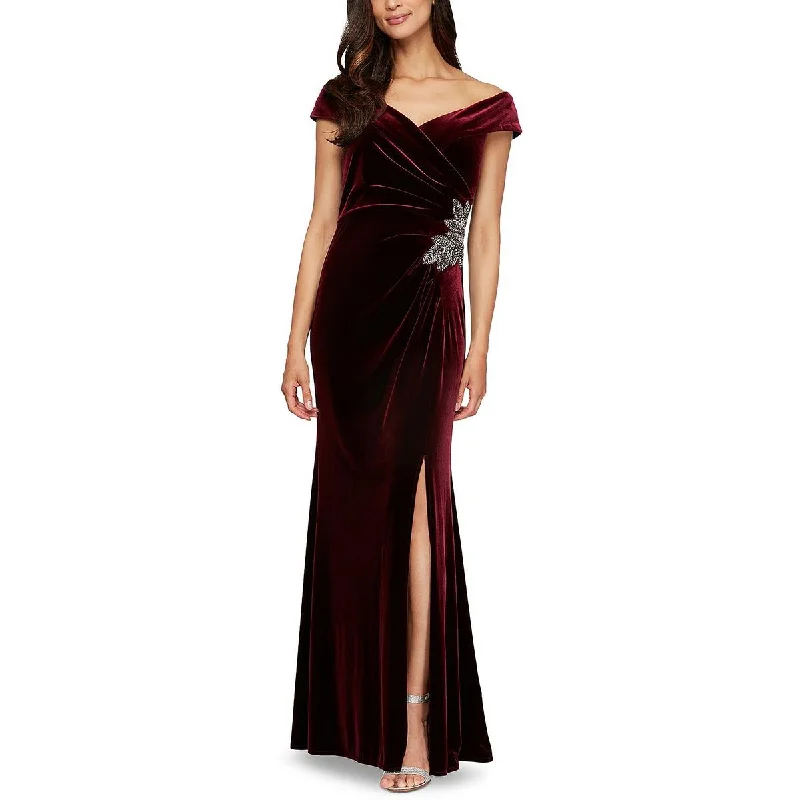 Alex Evenings Womens Velvet Off-The-Shoulder Evening Dress