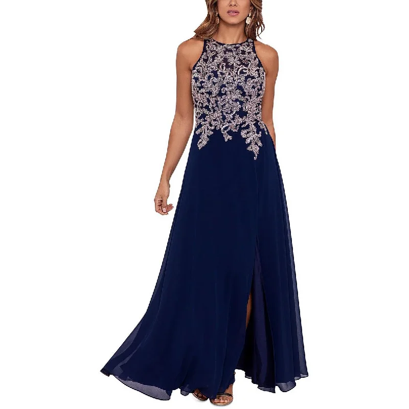 Betsy & Adam Womens Petites Embroidered Maxi Evening Dress