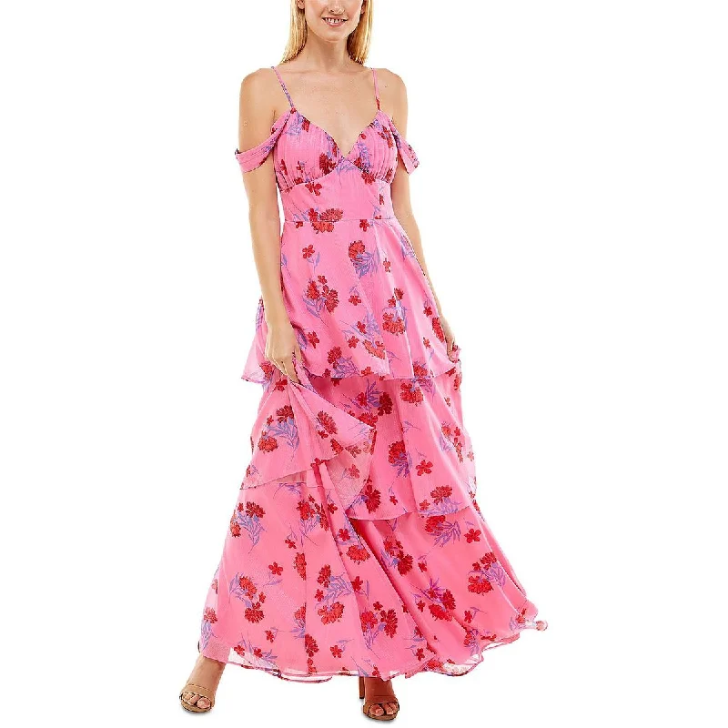 Crystal Doll Womens Juniors Floral Tiered Evening Dress