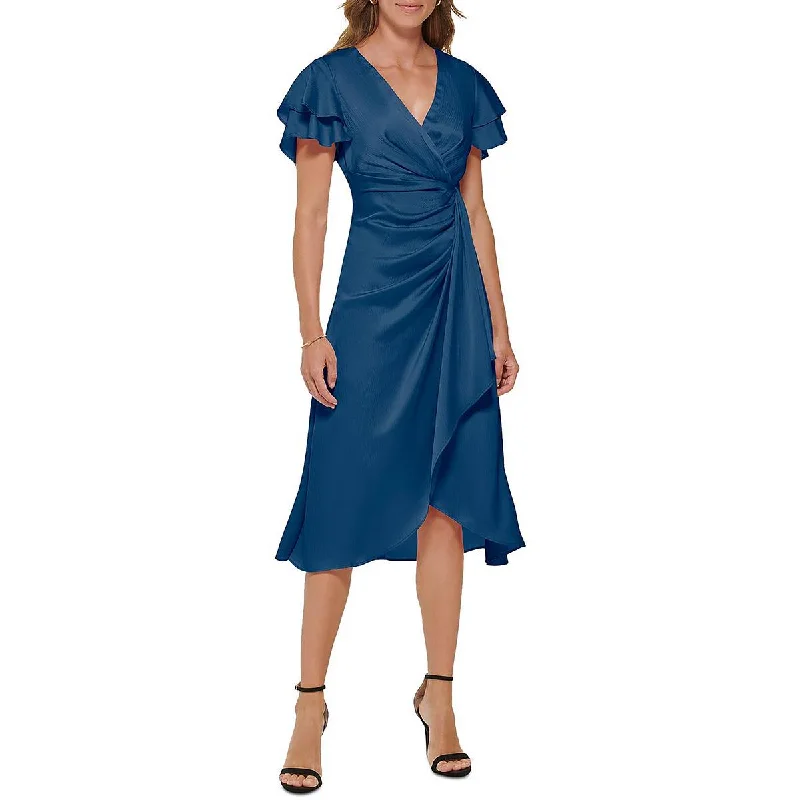 DKNY Womens Midi Faux-Wrap Cocktail and Party Dress