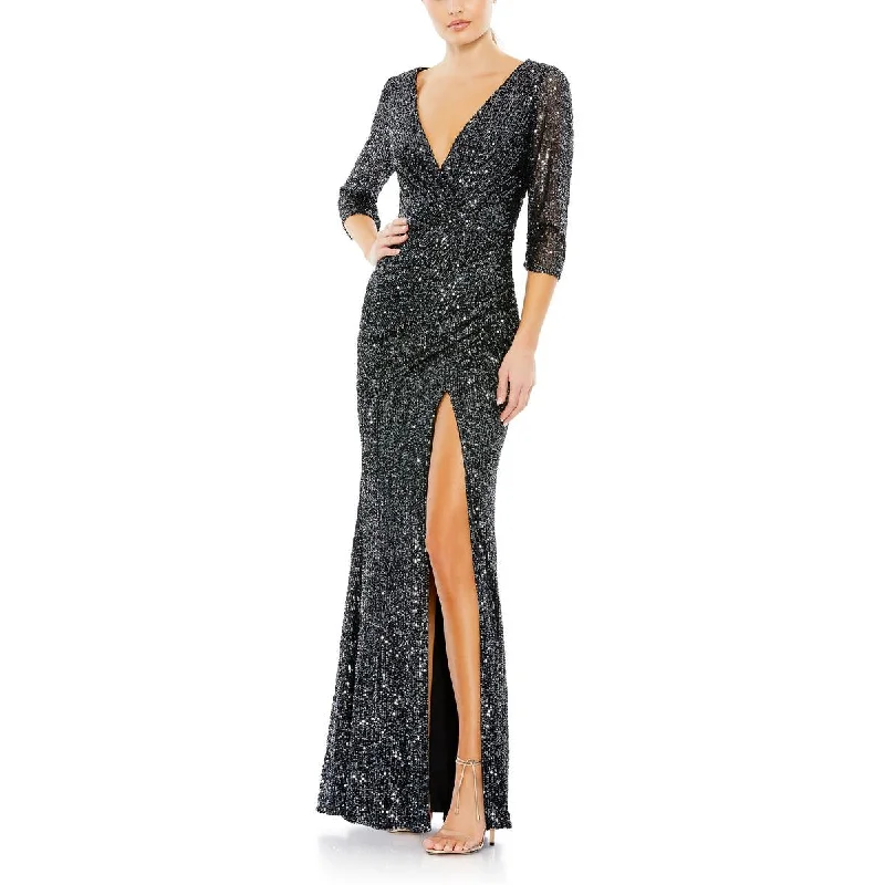 Ieena for Mac Duggal Womens Sequined Plunge Evening Dress