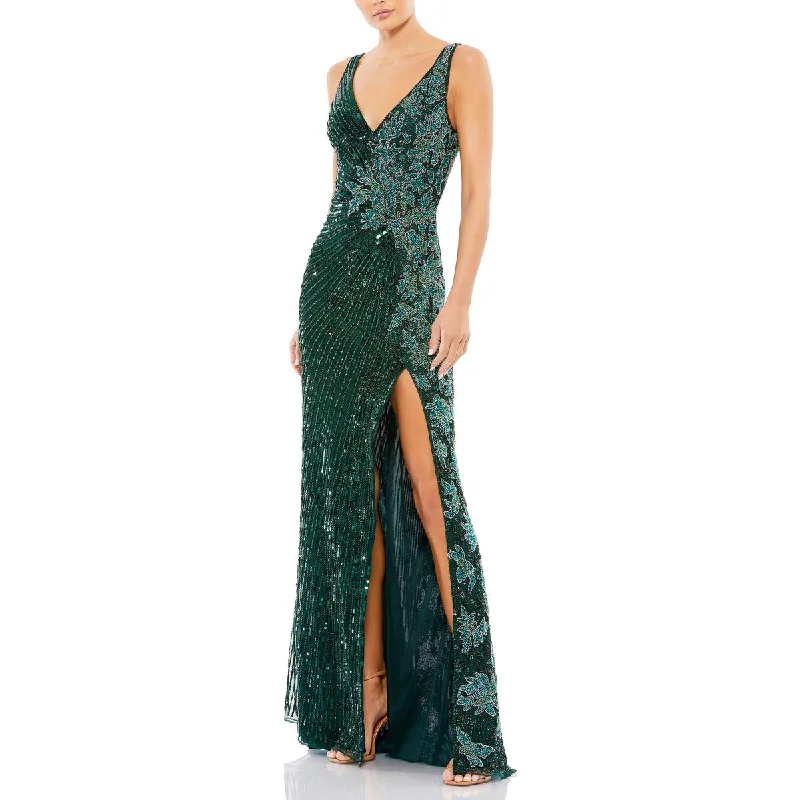 Mac Duggal Womens Embellished Mesh Evening Dress