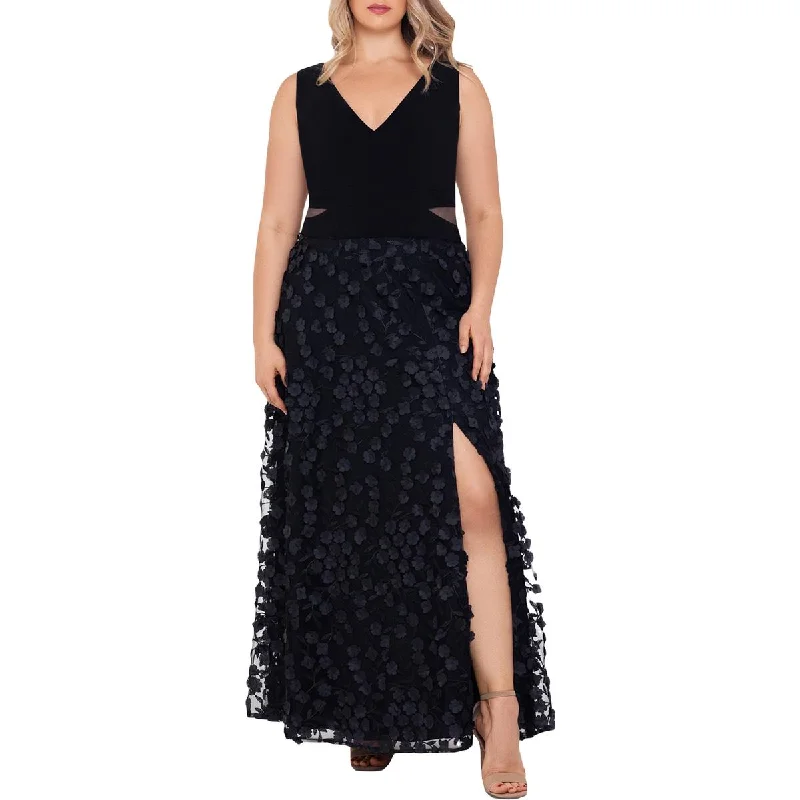 Xscape Womens Plus Floral V-Neck Evening Dress