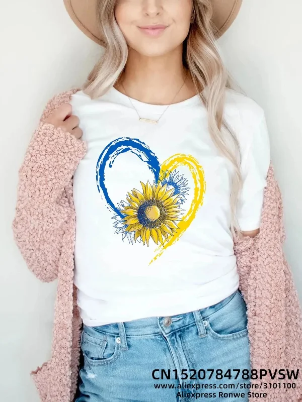 Women 2024 New Style Heartbeat Blue Yellow Print T-shirt