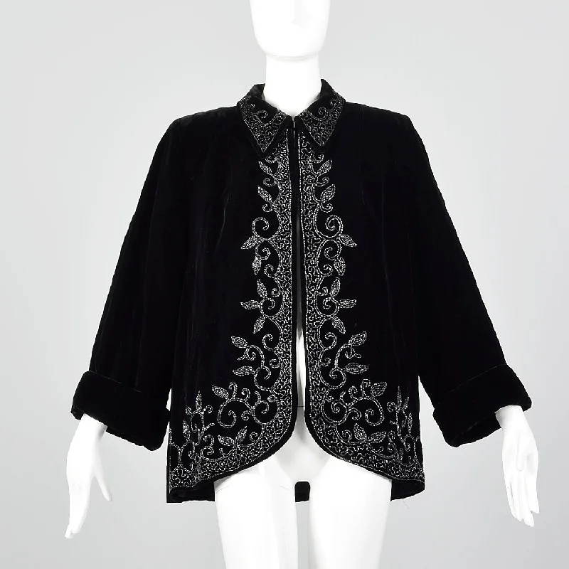 1940s Black Velvet Beaded Swing Jacket