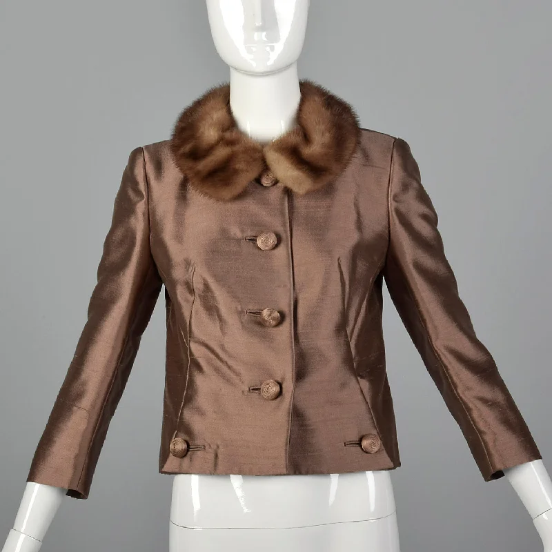 1960s Brown Silk Jacket with Fur Collar