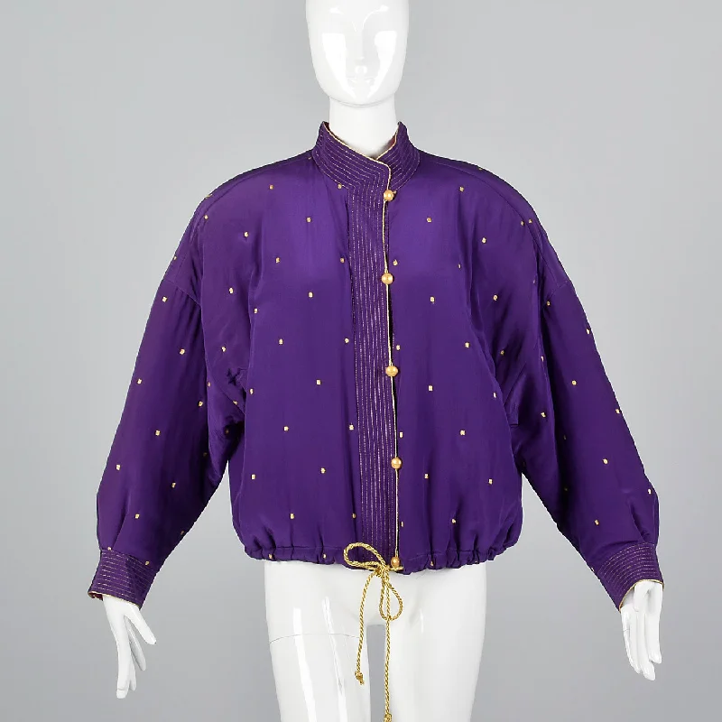 1990s Ellen Tracy Purple Silk Jacket with Metallic Gold Details