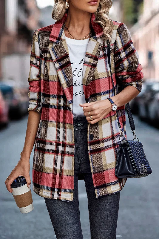 Casual Button Wool Blend Plaid Shacket Jacket