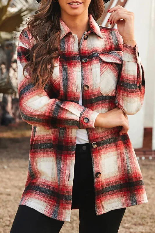 Red Plaid Shacket Casual Button Down Shacket Jacket