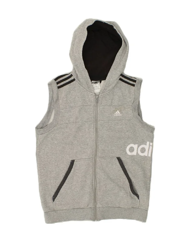 ADIDAS Boys Graphic Sleeveless Hoodie Jumper 13-14 Years Grey Cotton