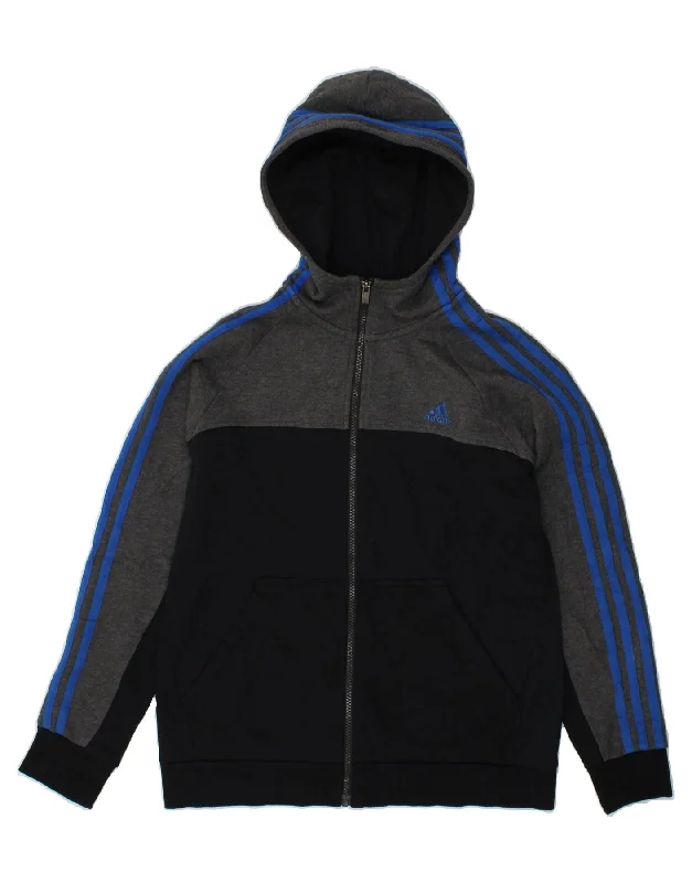 ADIDAS Boys Zip Hoodie Sweater 13-14 Years Black Colourblock