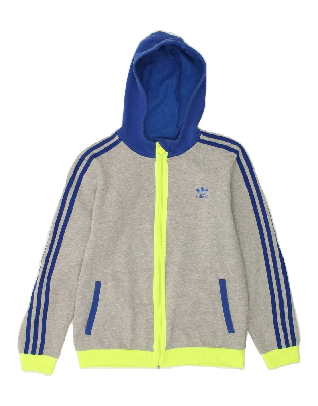 ADIDAS Boys Zip Hoodie Sweater 13-14 Years Grey Colourblock Cotton