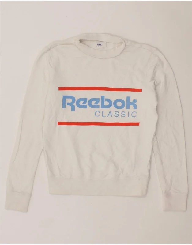 REEBOK Womens Oversized Graphic Sweatshirt Jumper UK 0/2 2XS White Cotton