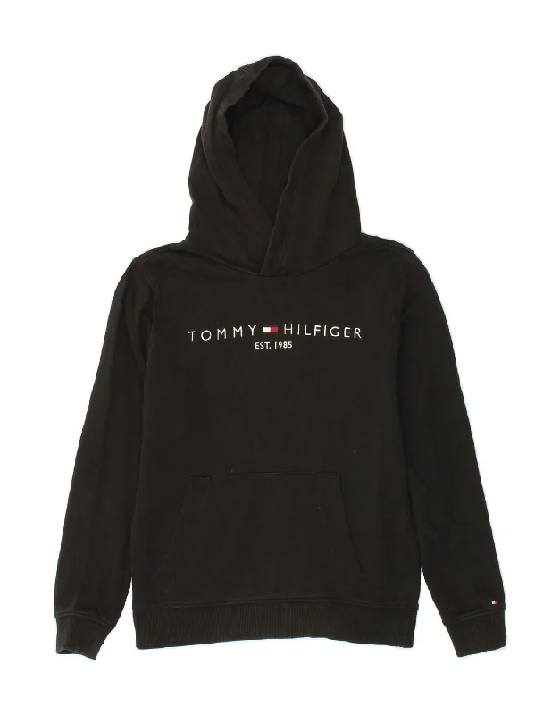 TOMMY HILFIGER Boys Graphic Hoodie Jumper 11-12 Years Black Cotton