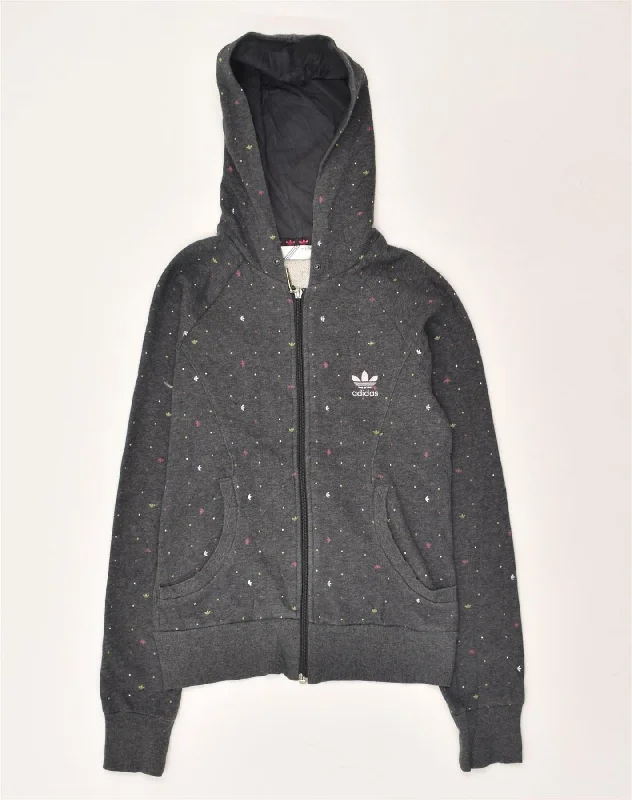 ADIDAS Womens Zip Hoodie Sweater EU 36 Small Grey Spotted Cotton