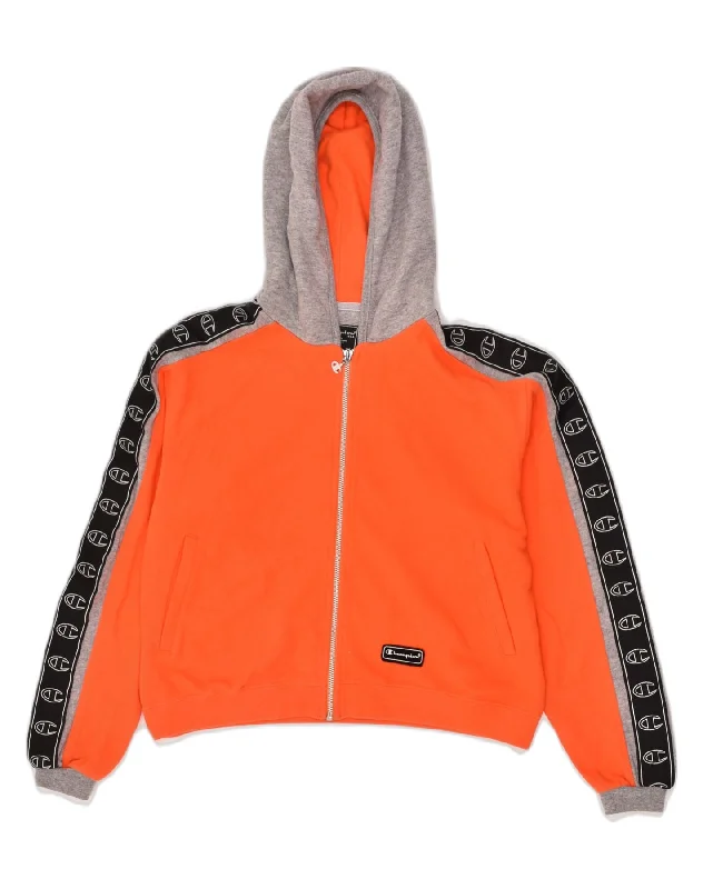 CHAMPION Womens Zip Hoodie Sweater UK 14 Medium Orange Colourblock Cotton