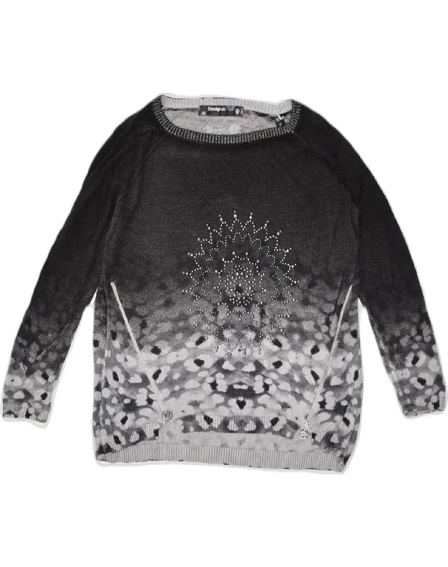 DESIGUAL Womens Graphic Boat Neck Jumper Sweater UK 12 Medium Grey Tie Dye