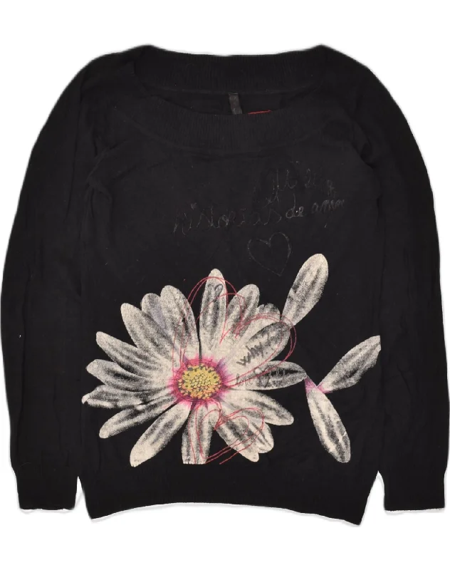 DESIGUAL Womens Graphic Boat Neck Jumper Sweater UK 14 Medium Black Floral