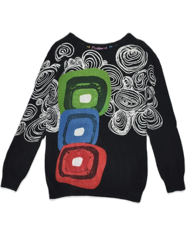 DESIGUAL Womens Graphic Boat Neck Jumper Sweater UK 18 XL Black Geometric