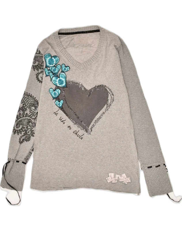 DESIGUAL Womens Graphic V-Neck Jumper Sweater UK 12 Medium Grey Heart