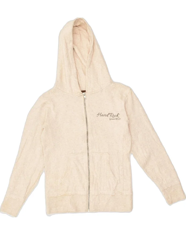 HARD ROCK CAFE Womens Graphic Zip Hoodie Sweater UK 4 XS Beige Cotton