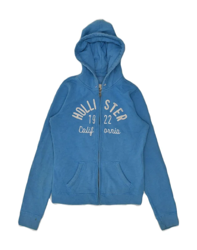 HOLLISTER Womens Graphic Zip Hoodie Sweater UK 10 Small Blue Cotton