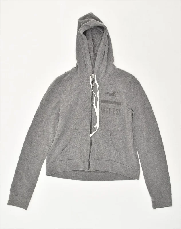 HOLLISTER Womens Graphic Zip Hoodie Sweater UK 10 Small Grey Cotton