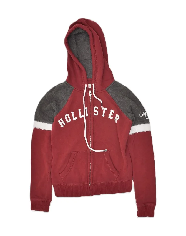 HOLLISTER Womens Graphic Zip Hoodie Sweater UK 6 XS Red Colourblock Cotton