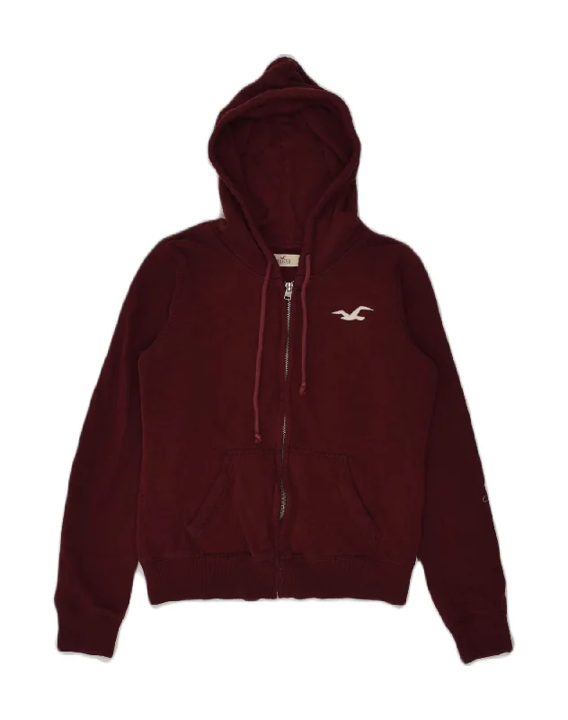 HOLLISTER Womens Graphic Zip Hoodie Sweater UK 8 Small Burgundy Cotton