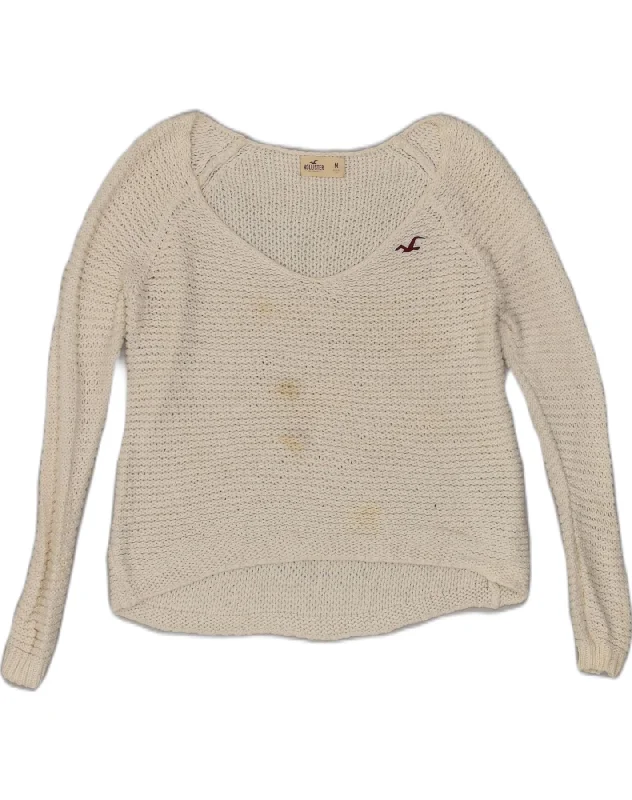 HOLLISTER Womens V-Neck Jumper Sweater UK 14 Medium Off White Cotton