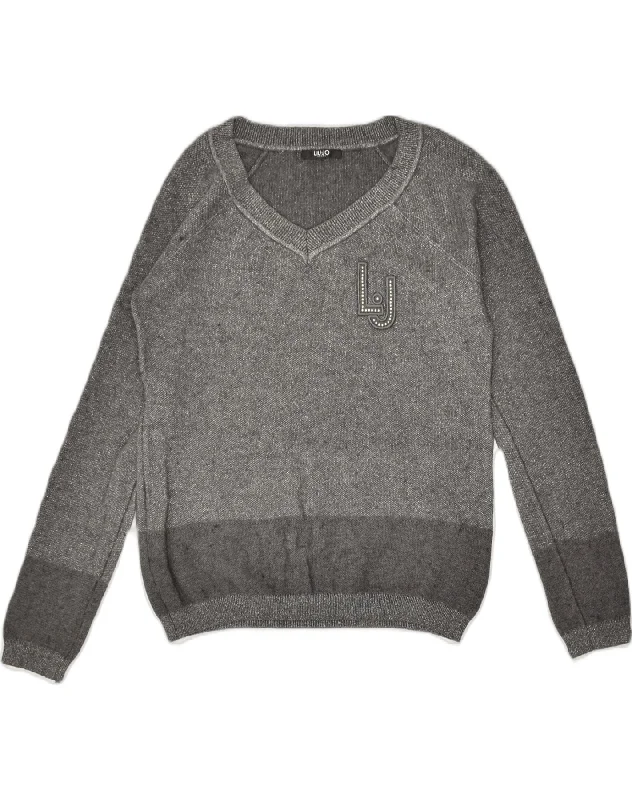 LIU JO Womens V-Neck Jumper Sweater UK 12 Medium Grey