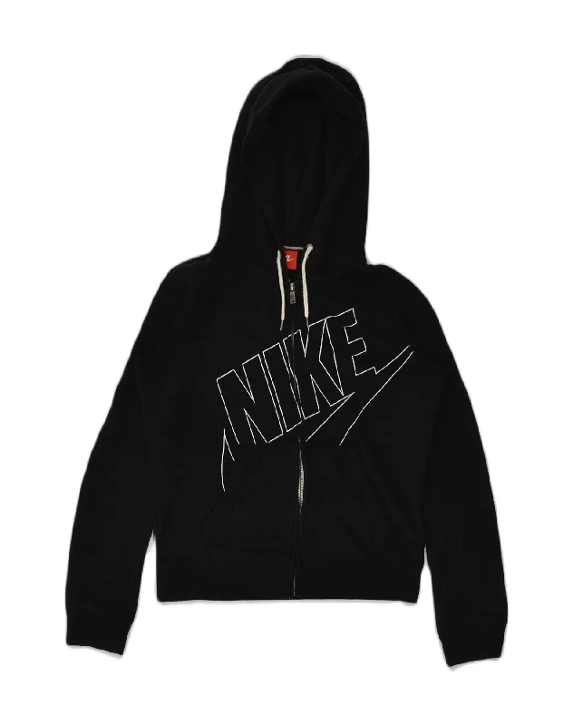 NIKE Womens Graphic Zip Hoodie Sweater UK 6 XS Black Cotton