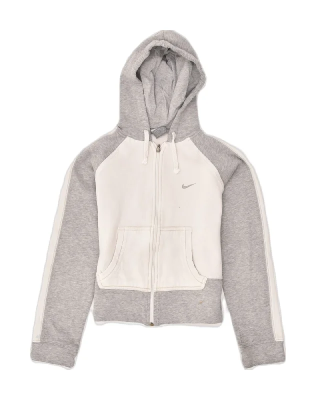 NIKE Womens Graphic Zip Hoodie Sweater UK 8/10 Small Grey Cotton