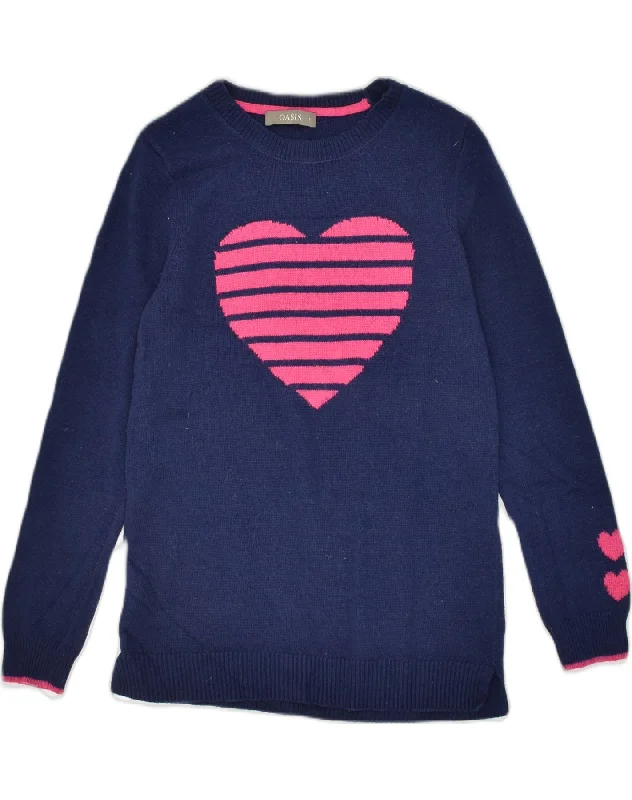 OASIS Womens Graphic Crew Neck Jumper Sweater UK 10 Small Navy Blue Heart