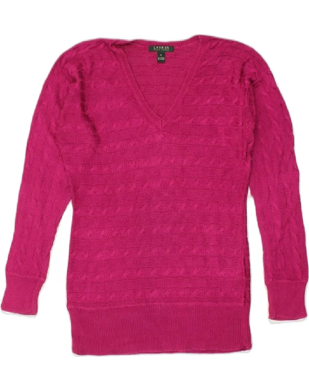 RALPH LAUREN Womens V-Neck Jumper Sweater UK 14 Medium Pink Cotton