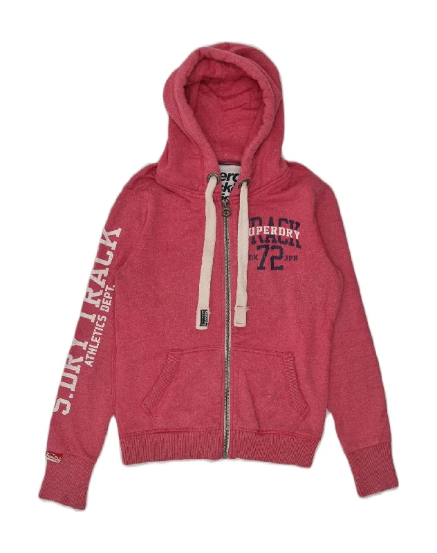 SUPERDRY Womens Graphic Zip Hoodie Sweater UK 10 Small Pink Cotton