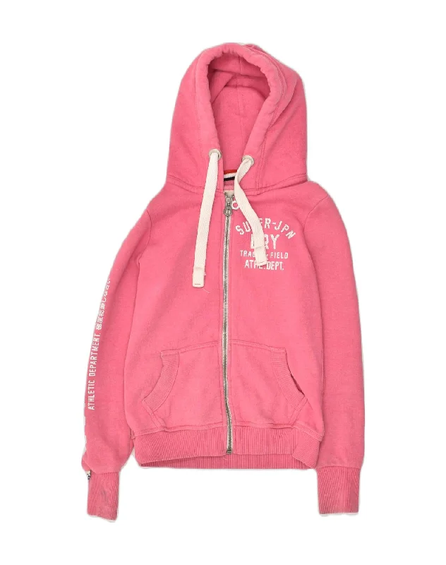 SUPERDRY Womens Graphic Zip Hoodie Sweater UK 2 2XS Pink Cotton