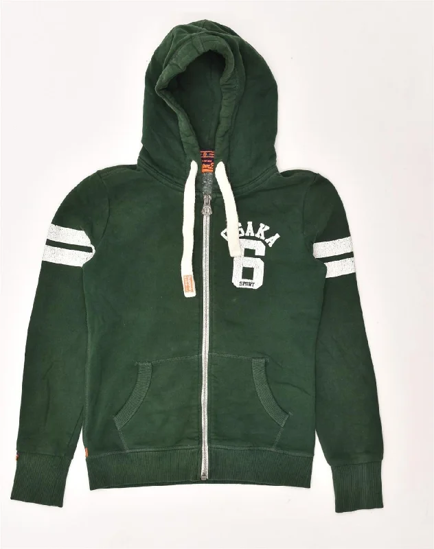 SUPERDRY Womens Graphic Zip Hoodie Sweater UK 6 XS Green Cotton