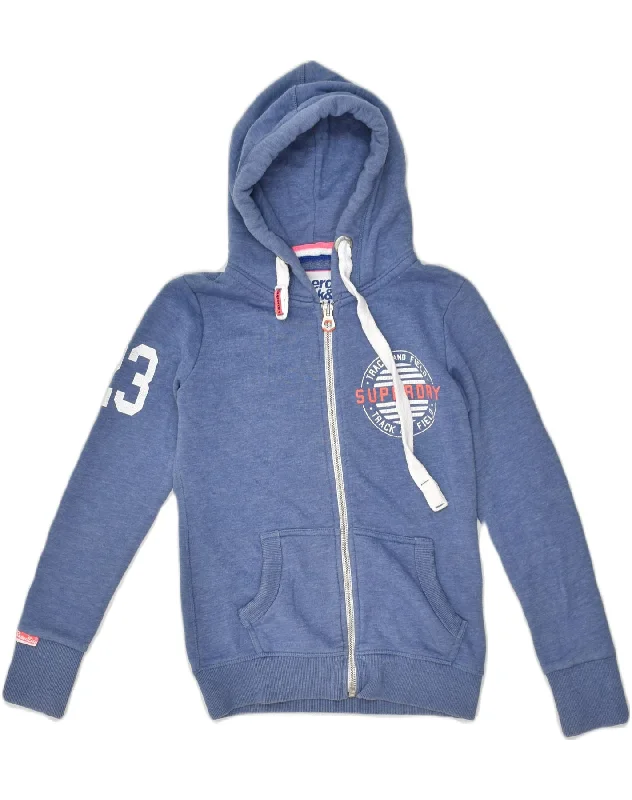 SUPERDRY Womens Zip Hoodie Sweater UK 6 XS Blue Cotton