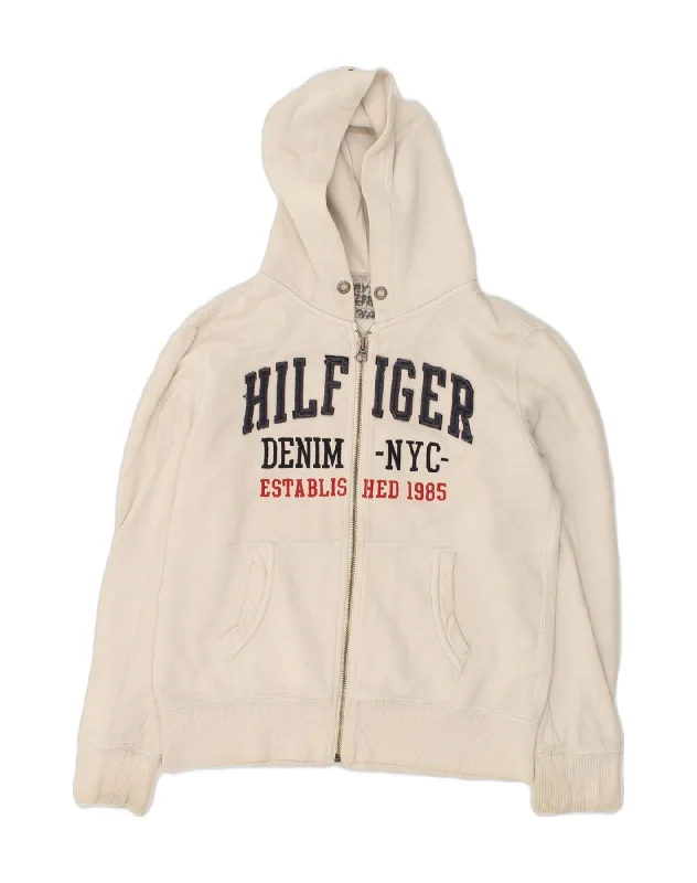 TOMMY HILFIGER Womens Graphic Zip Hoodie Sweater UK 12 Medium Beige