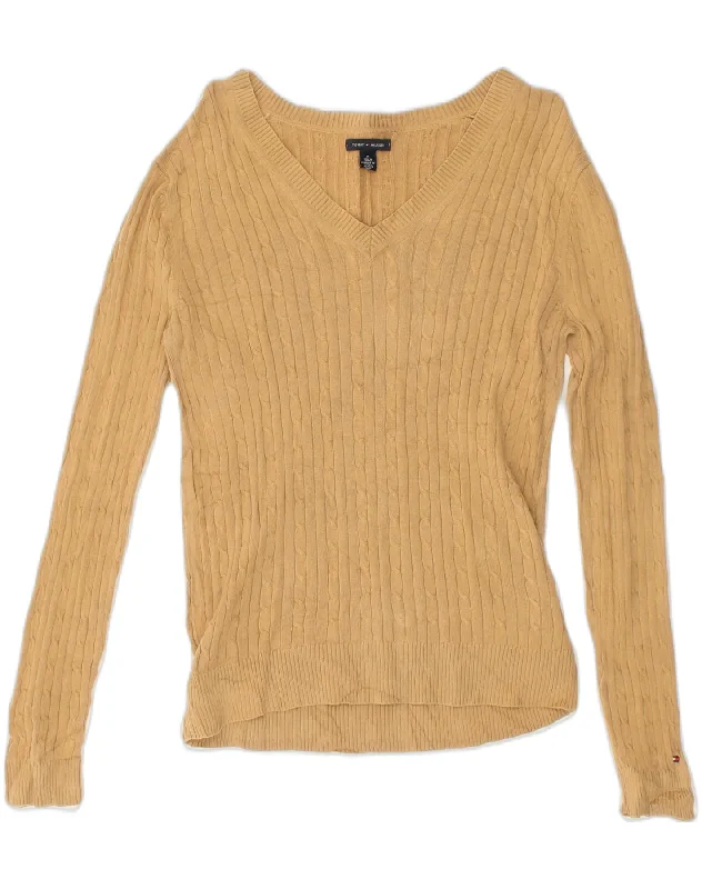 TOMMY HILFIGER Womens V-Neck Jumper Sweater UK 12 Medium Beige Cotton