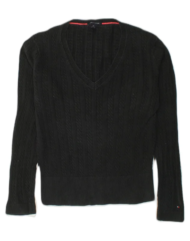 TOMMY HILFIGER Womens V-Neck Jumper Sweater UK 14 Large Black Cotton